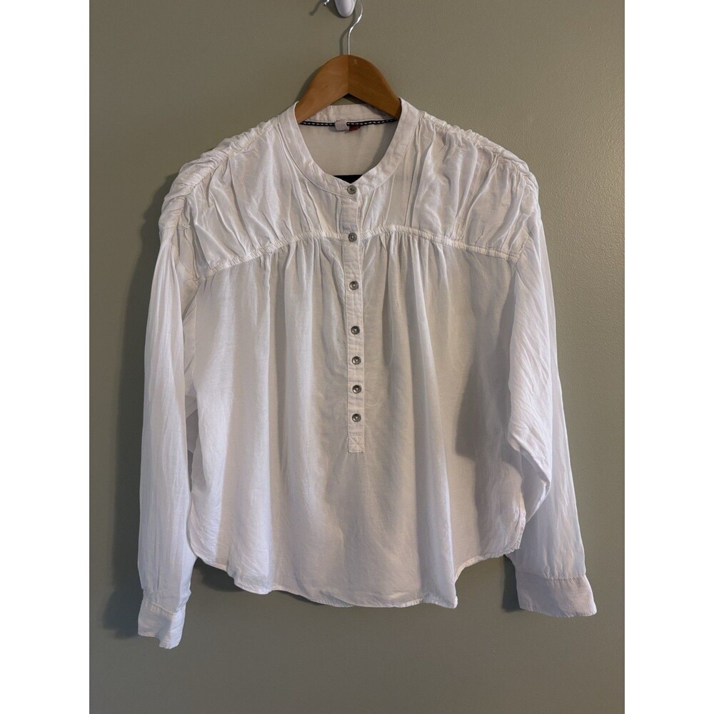 Pilcro Anthropologie Shirt Women White Blouse Preppy Peasant Boho Milkmaid Sz M
